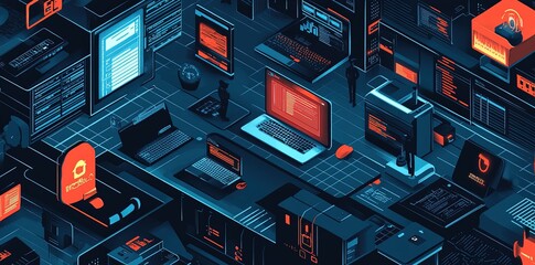 Software developers working with abstract code and data isometric illustration