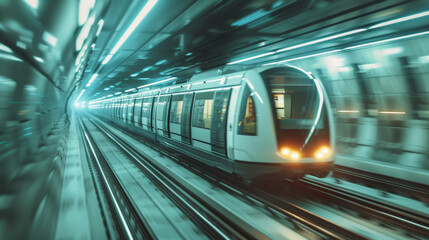 A futuristic subway running fast, action blur effect