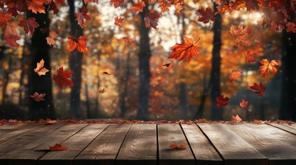 Wall Mural - Fall landscape wallpaper with maple tree, foliage, and wooden table at sunset