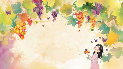 Wall Mural - Background template with copy space of grape leaf and  vine and a little child