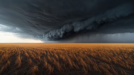 A dramatic and dark stormy sky looms over a vast dry grass field, portraying natural power, ominous weather changes, and a stark contrast between the chaotic sky and the calm land.