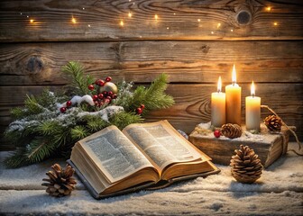 Snowflakes gently fall onto the open Bible, illuminating passages of hope and peace. The words 