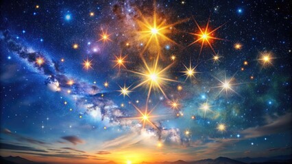 Vibrant stars shine brightly within a stunning celestial cluster, swirling together in a mesmerizing dance of light and color against a deep, dark blue sky.