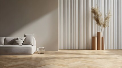 Canvas Print - A modern living room with a wooden parquet floor, light gray walls, and vertical stripes in shades of beige