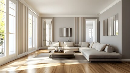 A modern living room with a wooden parquet floor, light gray walls, and vertical stripes in shades of beige