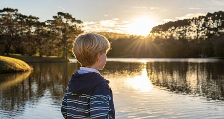 Wall Mural - A young boy stands by a tranquil lake, gazing at the sunset, reflecting on the peaceful beauty of nature.
