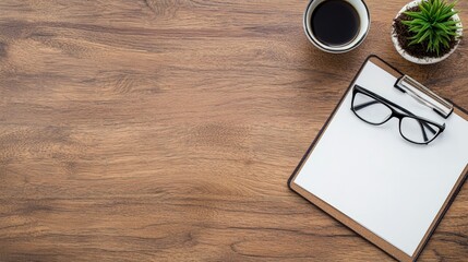 Business plan blueprint on a wooden desk with coffee and glasses, strategic planning concept