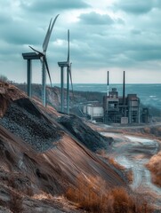 Poster - Wind turbines rise alongside remnants of closed coal mines and factories, highlighting the shift towards renewable energy sources. Generative AI