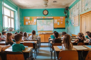 Poster - Students sit at desks in a cramped classroom, surrounded by old materials and a lack of school supplies, eager to learn. Generative AI