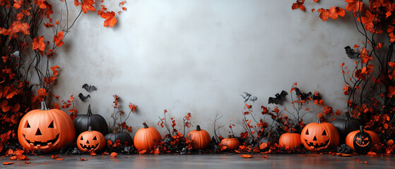  Autumnal Halloween Decorations with jack o lantern pumpkins and red leaves on a grey background 