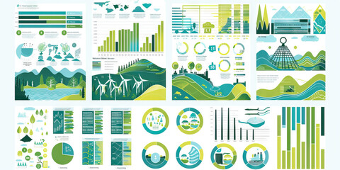 A set of diagrams in green and blue hues, illustrating the positive and negative environmental effects of a company's operations, products, and services.