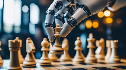 A close-up of a robotic hand moving a chess piece, representing the advancements in artificial intelligence, robotics, strategic games, and automated decision-making processes.