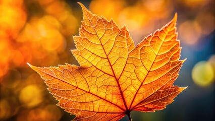 Wall Mural - Vibrant orange and yellow autumn leaf is sharply focused against a blurred background, showcasing intricate veins and delicate edges in stunning natural detail.