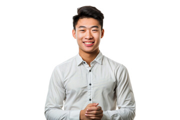 Portrait of a handsome asian businessman in a sideways pose, looking directly at the camera with a composed expression, isolated on a transparent background