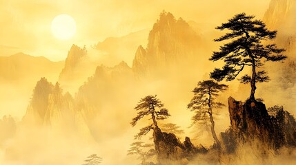 Majestic Misty Mountain Landscape in Traditional Chinese Ink Painting Style