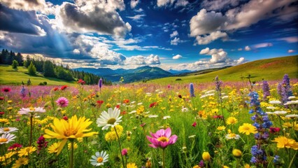 vibrant wildflowers of various colors, including yellow, pink, and purple, bloom abundantly in a lus