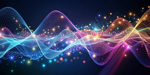 Abstract Glowing Grid Waves, Digital, Technology, Network