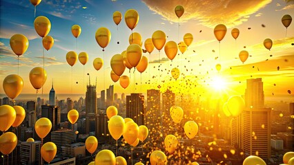 Vibrant yellow balloons and confetti scatter across a bright cityscape at sunset, symbolizing optimism and celebration for the fresh start of a new year 2024.