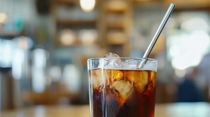 Close-up of a glass of iced coffee with a metal straw