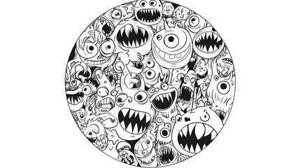 Wall Mural - Funny monsters circle shape pattern for coloring book. Vector illustration