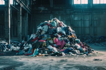 an abandoned warehouse with a large pile of discarded clothes, bathed in soft, diffused light.