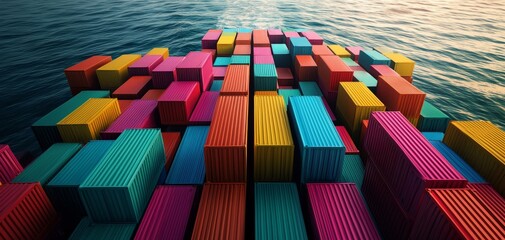 Cargo vessel packed with colorful containers, moving through a waterway, representing the scale and complexity of global trade routes