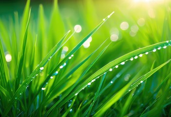 close view fresh green grass blades showcasing vibrant textures details, nature, freshness, plant, leaf, outdoor, growth, foliage, meadow, lawn