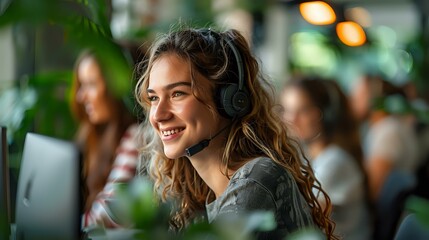 Smiling woman working at a computer in a modern, plant-filled office environment, wearing headphones, symbolizing productivity and a creative, relaxed workspace