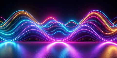 Wall Mural - Neon Waves Abstract Background, 3D Render, Glowing Lines, Digital Art, neon, abstract, wave