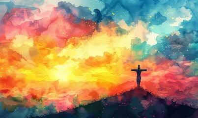 Wall Mural - The artwork portrays Jesus Christ on the cross, silhouetted against a stunning watercolor sunrise filled with vibrant colors, symbolizing faith, sacrifice, and hope. Generative AI