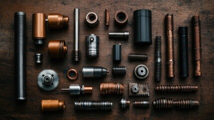 A detailed close-up shot of different mechanical parts and gears arranged neatly on a wooden table, representing the intricate and precise nature of mechanical engineering and craftsmanship.