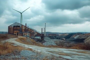 Poster - Wind turbines stand tall beside abandoned coal mines and factories, symbolizing a shift towards renewable energy and sustainability. Generative AI