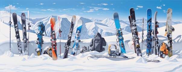 winter panorama with diverse styles of snowboards and related equipment featuring snow-covered peaks in the background.