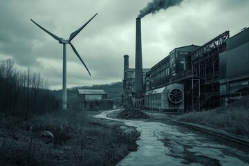 Poster - The landscape showcases closed coal mines and modern wind turbines, symbolizing the transition from fossil fuels to renewable energy. Generative AI