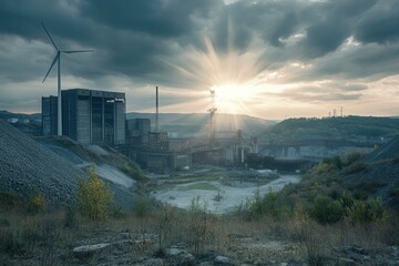 Poster - Old factories and closed coal mines fade into the background, as wind turbines symbolize the shift to renewable energy at dusk. Generative AI
