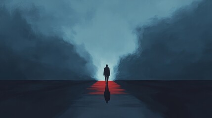 Wall Mural - a solitary figure standing on a rain-soaked street, shadowed by dark clouds, with a single beam of l