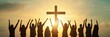 © SKIMP Art - A group of people standing in front of a cross, hands raised towards it with hope and excitement, symbolizing their community's journey to spiritual growth through prayerful activities Generative AI
