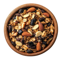 A vibrant bowl of mixed granola with nuts and dried fruits, perfect for a healthy breakfast or snack option.