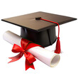 © Jahan Mirovi - A black graduation cap with a red tassel sits atop a rolled diploma tied with a red ribbon