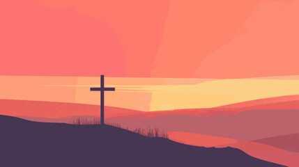 Christian cross on a hillside at sunrise. Vector illustration