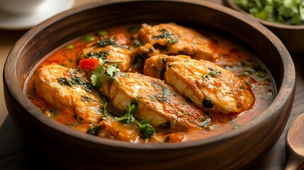 A wooden bowl filled with a hearty fish stew, featuring tender fish pieces in a rich, red sauce, garnished with fresh cilantro and vegetables.