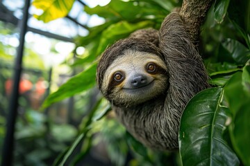 Wall Mural - Close-up Portrait of a Smiling Sloth Hanging from a Tree Branch in Lush Green Foliage