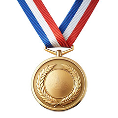 a gold medal with a laurel wreath design hangs from a red, white, and blue ribbon. the medal is isol