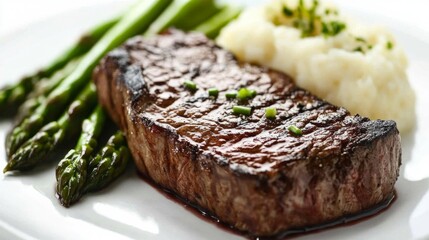 Canvas Print - A close-up of a juicy New York strip steak with a side of garlic mashed potatoes and steamed asparagus, showcasing the steaka texture and the disha elegant presentation on a white backdrop