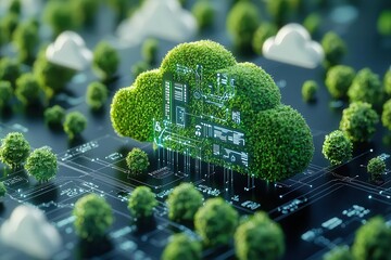 Eco-tech cloud solutions, energy-efficient automation, 3D illustration