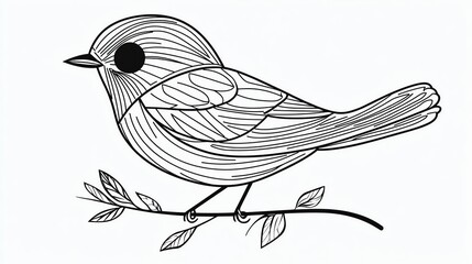 A simple line drawing of a cute little bird with a big eye. The bird is perched on a branch and is looking to the side.