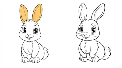 Two cute cartoon bunnies, one with orange ears and one with white ears, are ready for coloring.