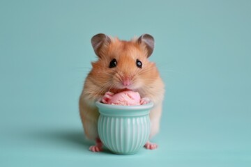 A small hamster sits on a blue background, holding a miniature ice cream cone in its tiny paws