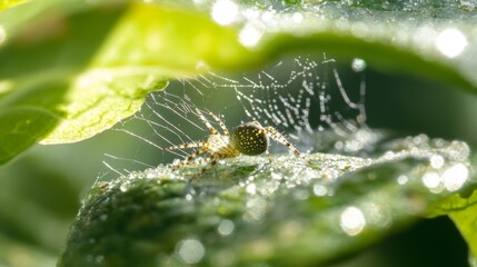 A close-up of a small spider weaving its web between two leaves, with the web glistening in the light and the intricate details of the spider and leaves clearly visible.