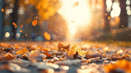 Wall Mural - Autumn Leaves Falling in the Sunlight